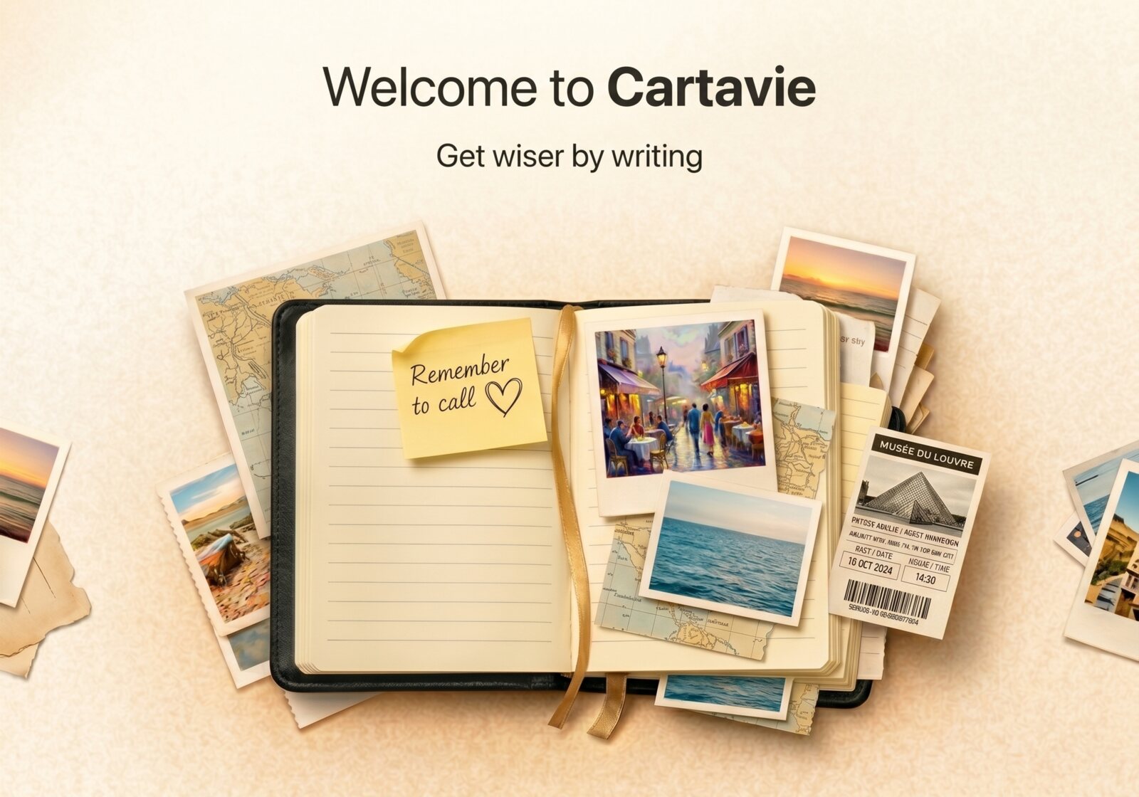 An open Cartavie notebook with handwriting, photos and postcards